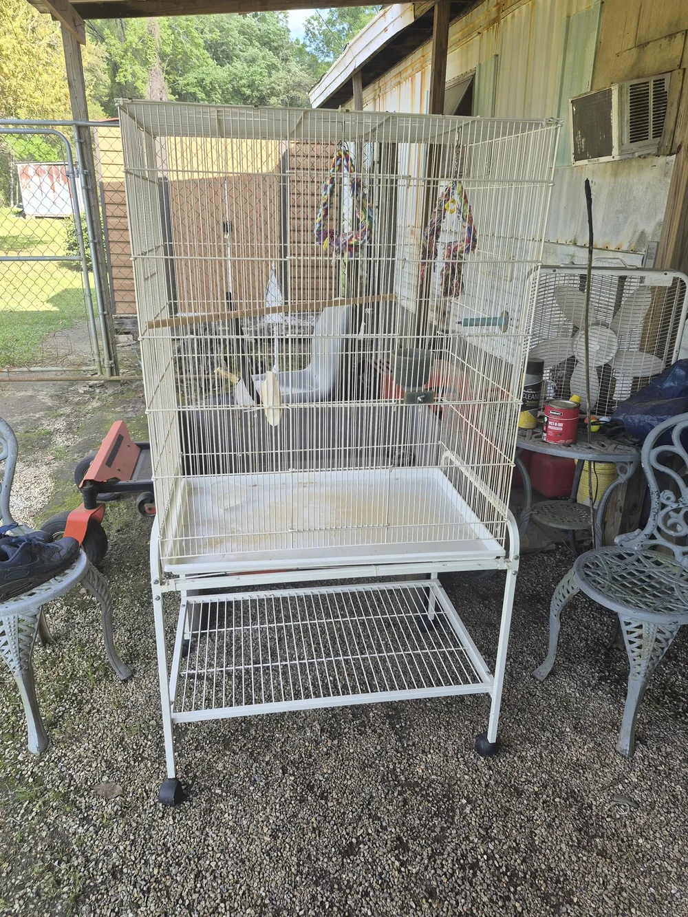White Metal Bird Cage with Stand and Toy Accessories